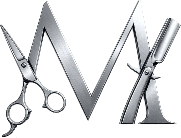 Maison Meinhardt – Logo: M mit Schere und Rasiermesser aus gebürstetem Stahl